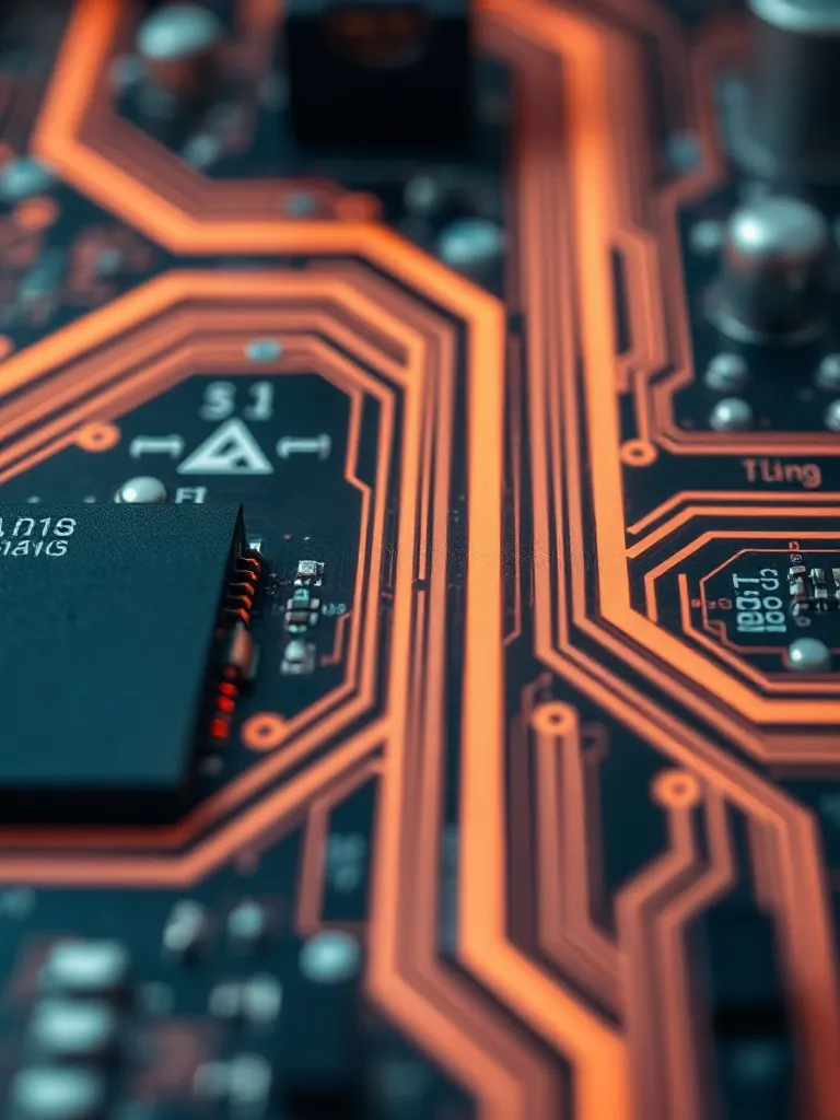 Close-up of a high-tech circuit board with glowing bronze li